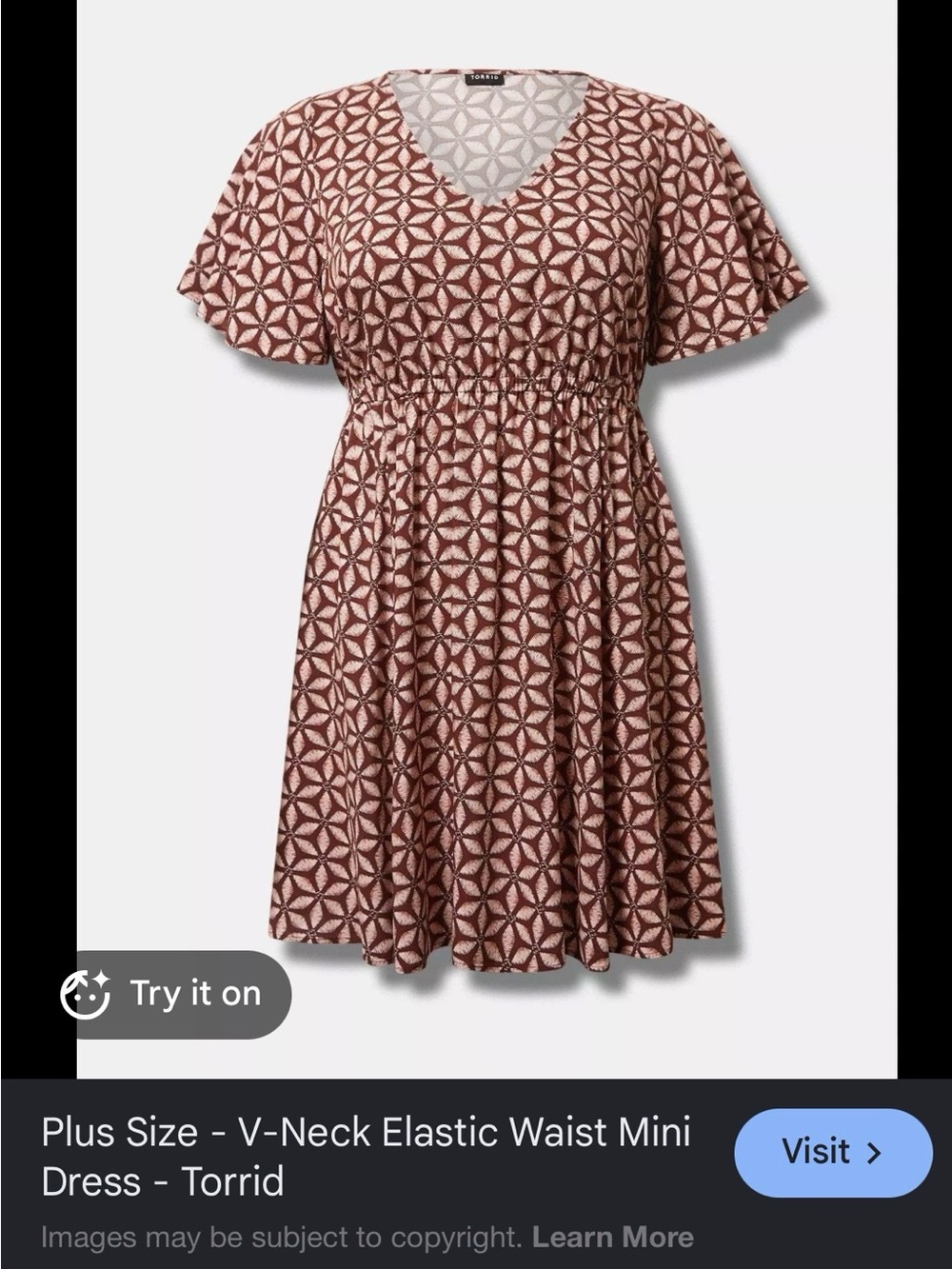 torrid Pink and Brown Geometric V-Neck Mini Dress with Flutter Sleeves